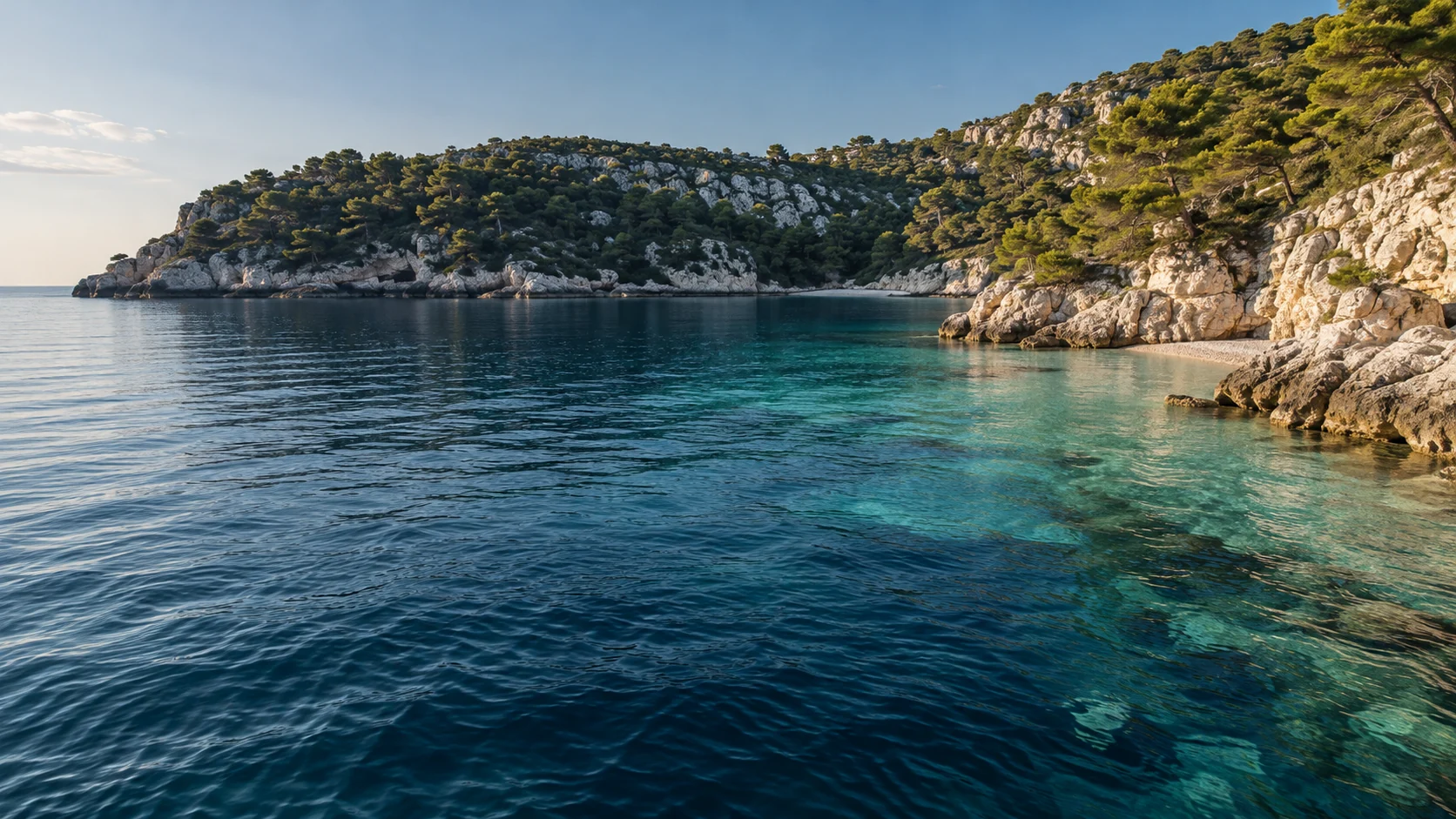 Generated editorial view of pale coastal cliffs and quiet blue water