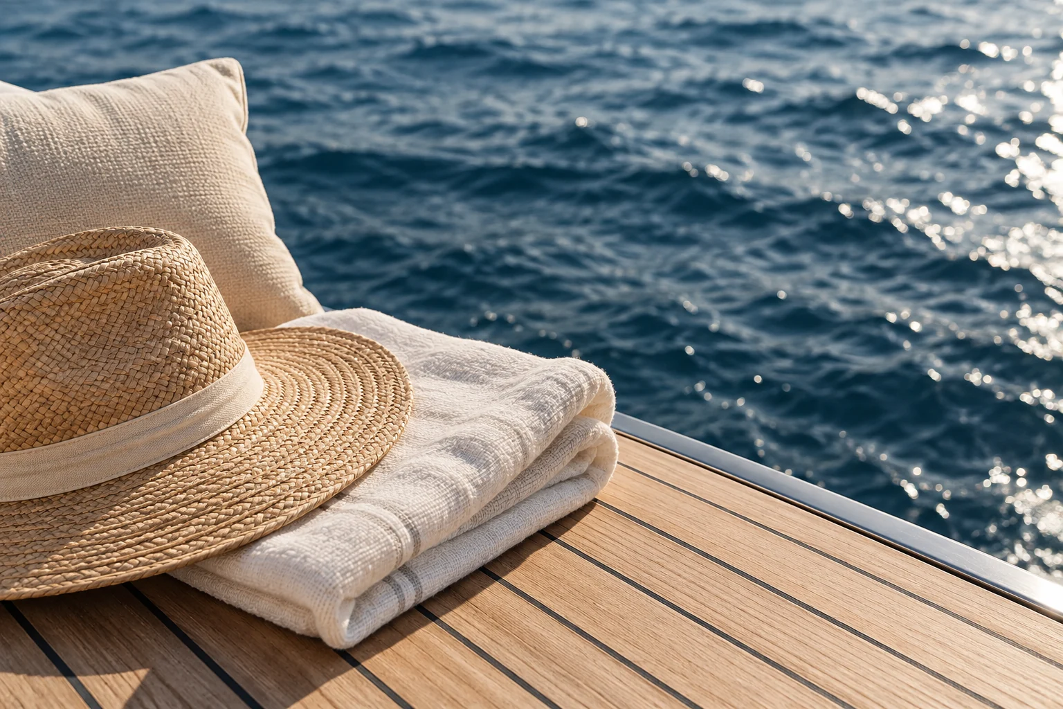 Generated editorial detail of a woven hat and folded linen beside the water