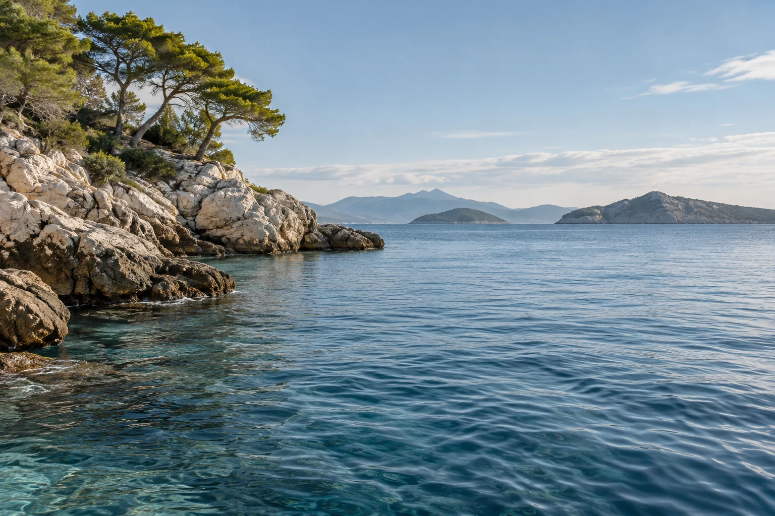 Generated editorial view of a rocky cove with pines and open water