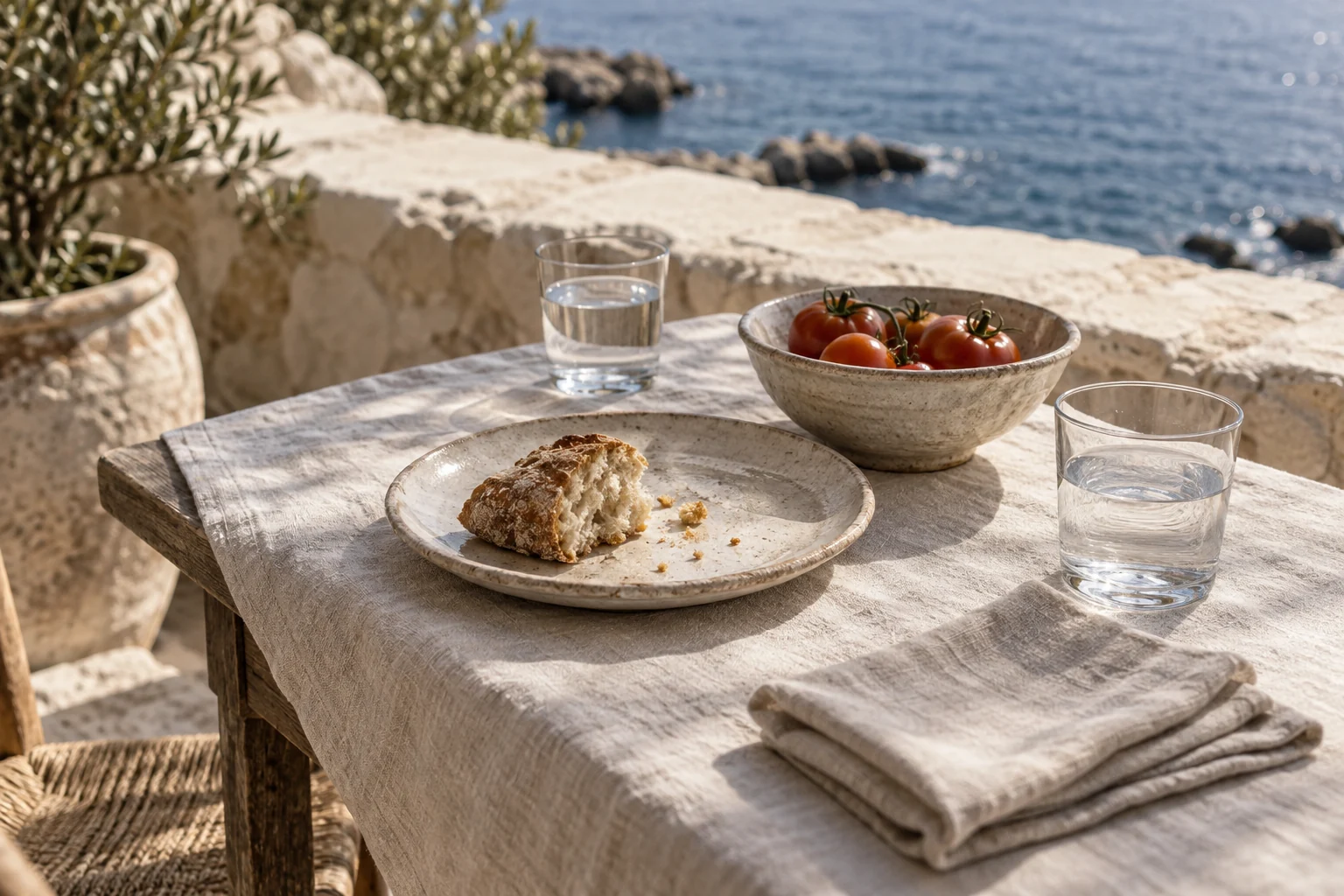 Generated editorial still life of linen, ceramics and a simple table by the sea